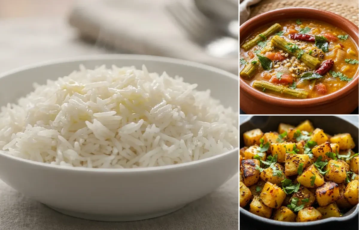 Steamed Basmati Rice with Munakkaya Sambar and Aloo Fry