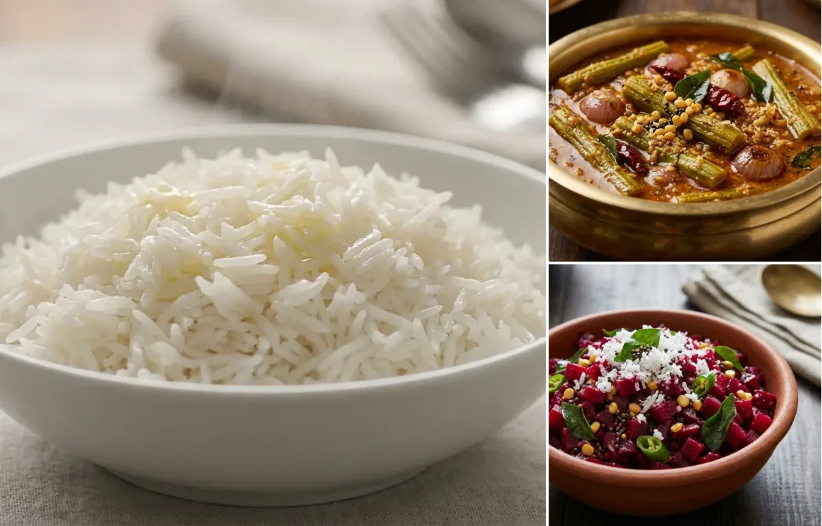 Steamed Basmati Rice with Murungakkai Kuzhambu and Beetroot Poriyal