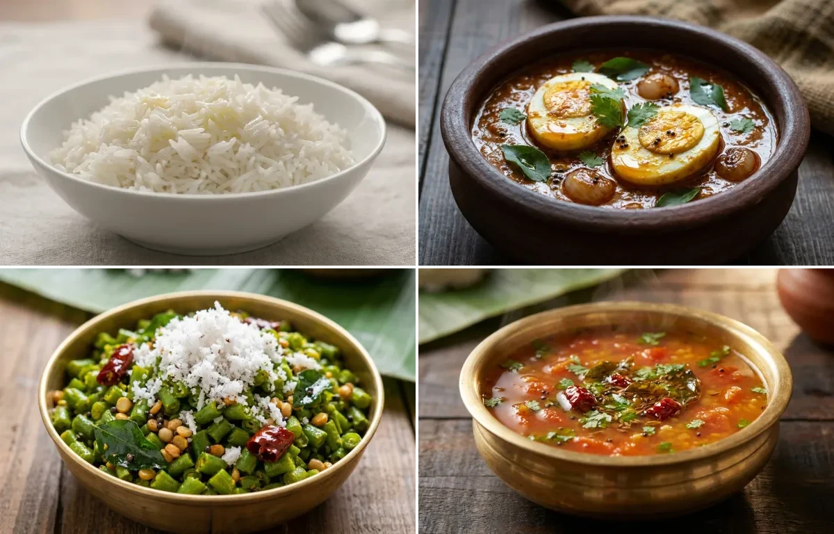 Steamed Basmati Rice with Muttai Kulambu, Beans Poriyal, Tomato Rasam and Appalam