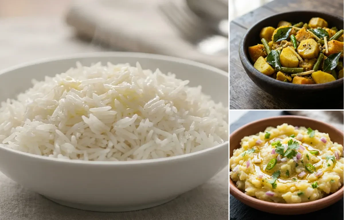 Steamed Basmati Rice with Noroxinghor Patot Diya Sobji and Aloo Pitika