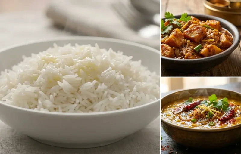 Steamed Basmati Rice with Oal ki Sabzi and Dal Tadka