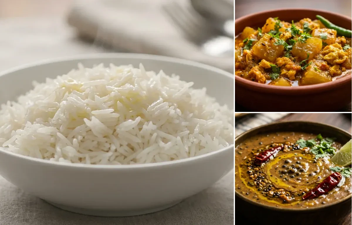 Steamed Basmati Rice with Omita Koni Anja and Mati Dal