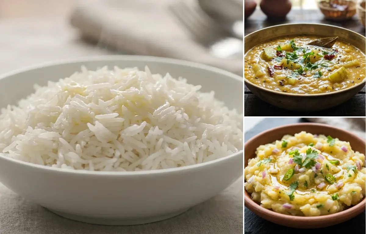 Steamed Basmati Rice with Ou Tenga Dal and Aloo Pitika