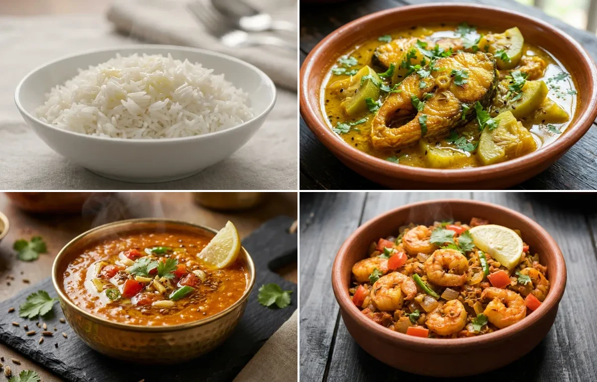 Steamed Basmati Rice with Ou Tenga Fish Curry, Masoor Dal Tadka and Prawn Bhurji