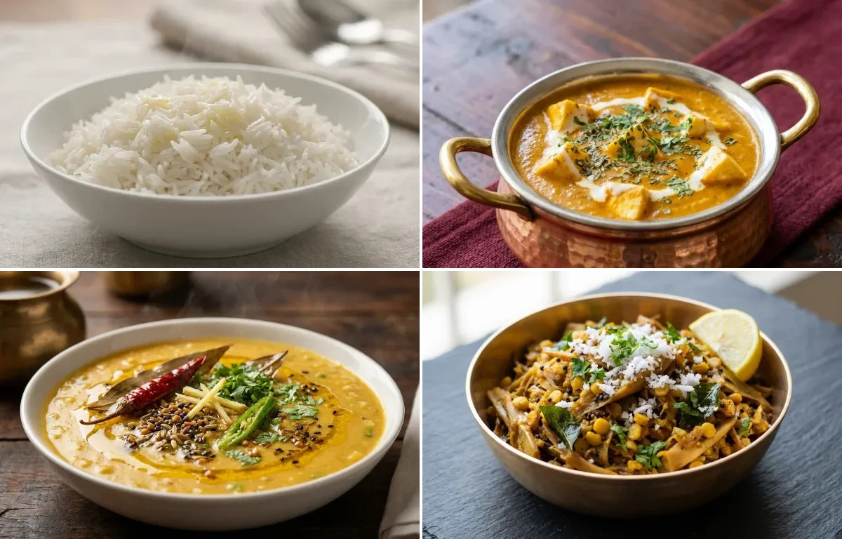 Steamed Basmati Rice with Paaro Mangkho, Matar Dal and Koldil Bhaji