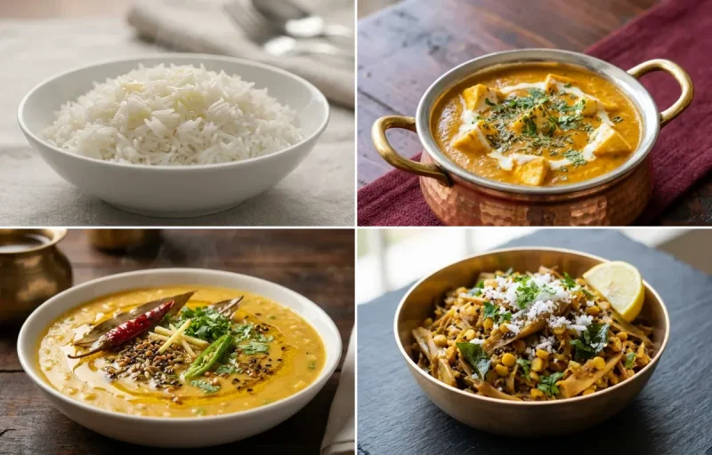 Steamed Basmati Rice with Paaro Mangkho, Matar Dal and Koldil Bhaji