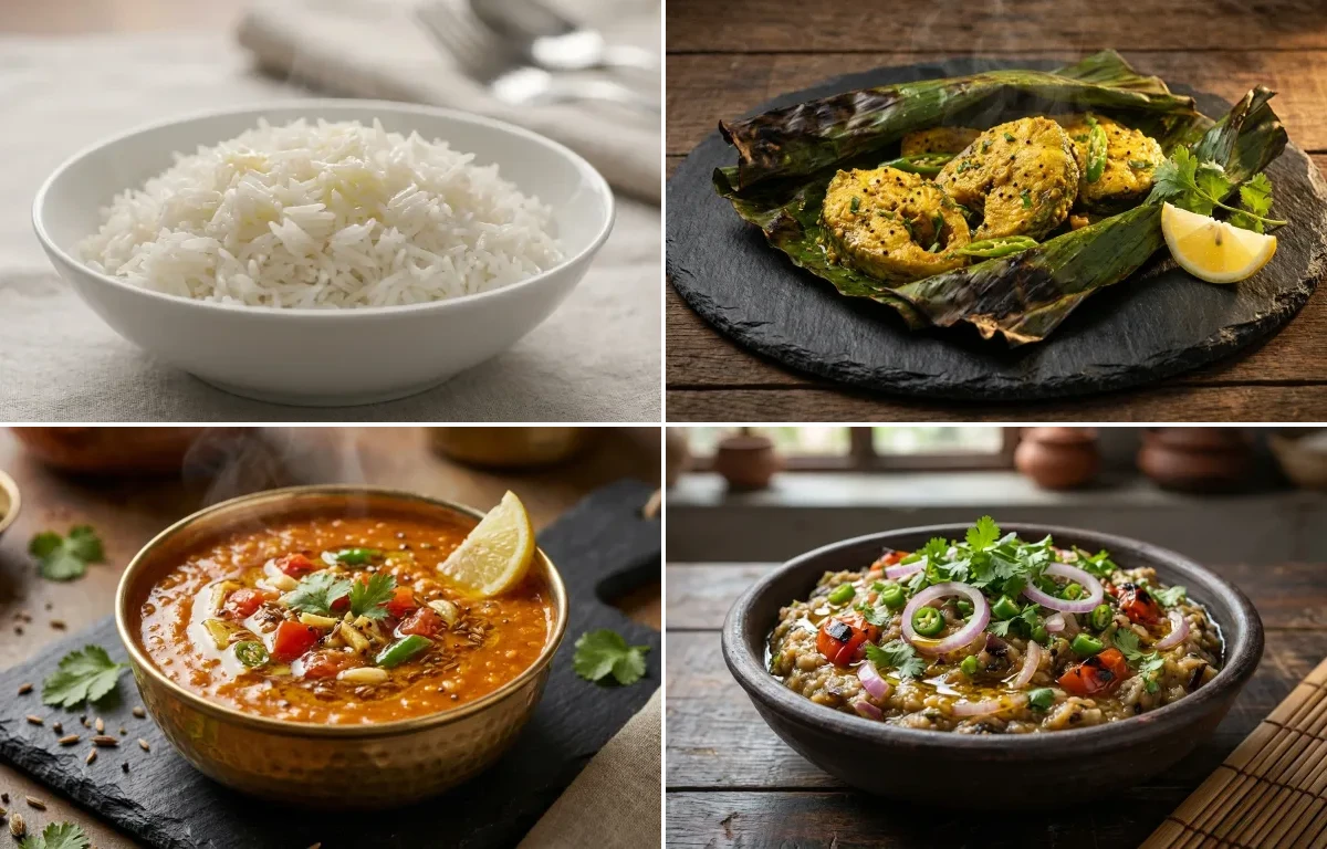 Steamed Basmati Rice with Paatot Diya Maas, Masoor Dal Tadka and Bengena Pitika
