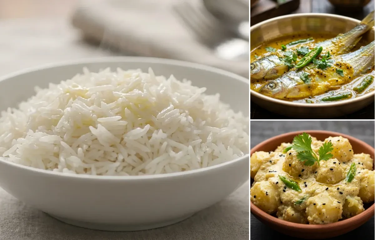 Steamed Basmati Rice with Pabda Macher Shorshe Jhal and Aloo Posto