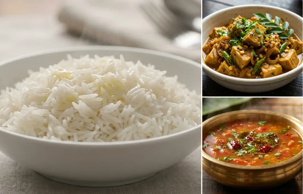 Steamed Basmati Rice with Panasa Pottu Kura and Tomato Rasam