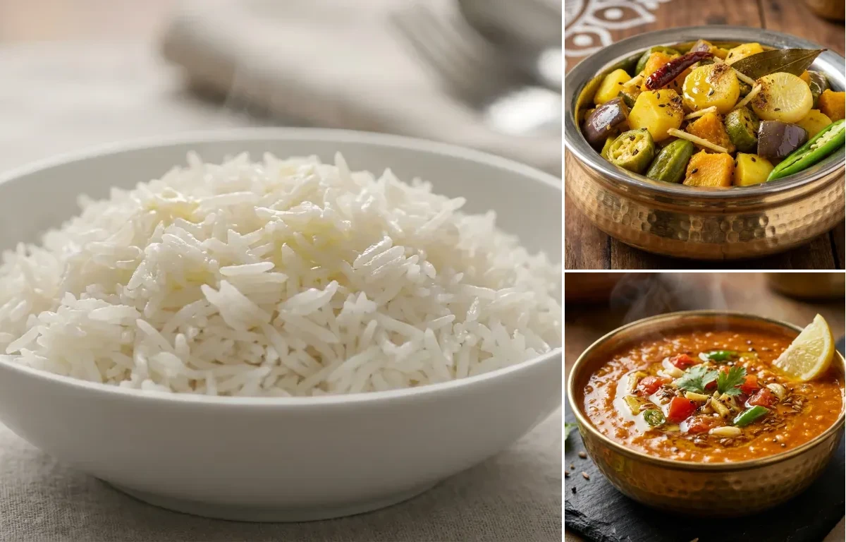 Steamed Basmati Rice with Panchmesali Torkari and Masoor Dal Tadka