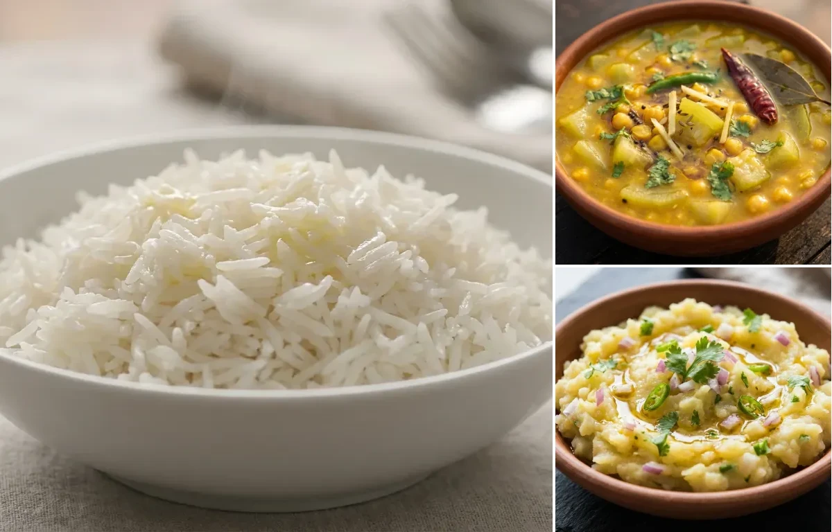 Steamed Basmati Rice with Pani Lau aru Butor Dali and Aloo Pitika