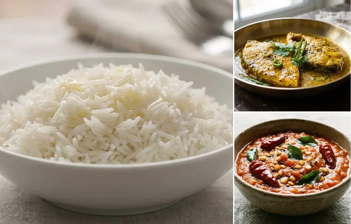Steamed Basmati Rice with Parshe Macher Jhal and Tomato Chutney