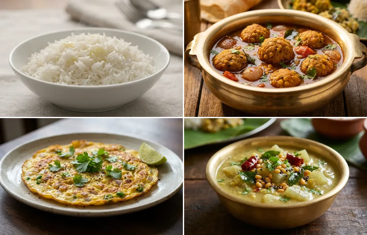 Steamed Basmati Rice with Paruppu Urundai Kulambu, Muttai Omelette and Chow Chow Kootu