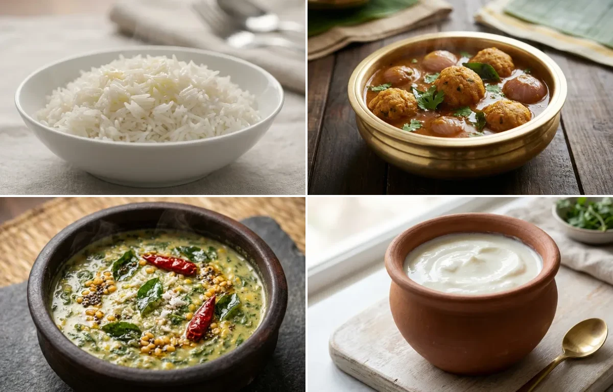 Steamed Basmati Rice with Paruppu Urundai Kuzhambu, Keerai Kootu and Curd