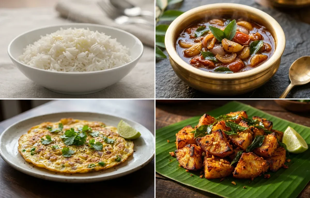 Steamed Basmati Rice with Poondu Kulambu, Muttai Omelette and Senaikizhangu Varuval