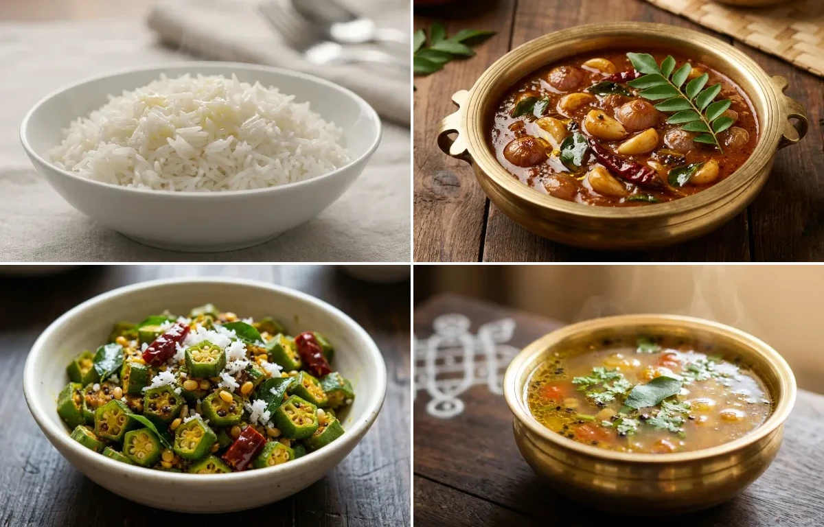 Steamed Basmati Rice with Poondu Kuzhambu, Vendakkai Poriyal and Milagu Rasam