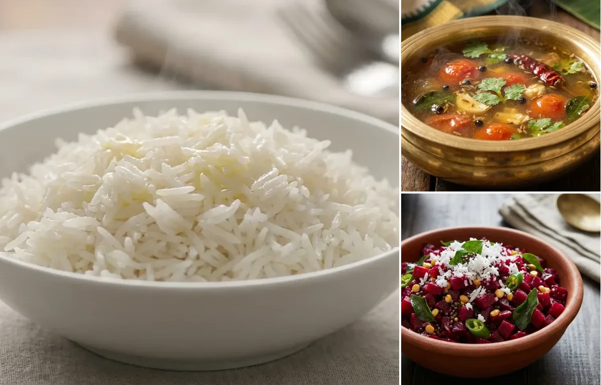 Steamed Basmati Rice with Poondu Rasam and Beetroot Poriyal