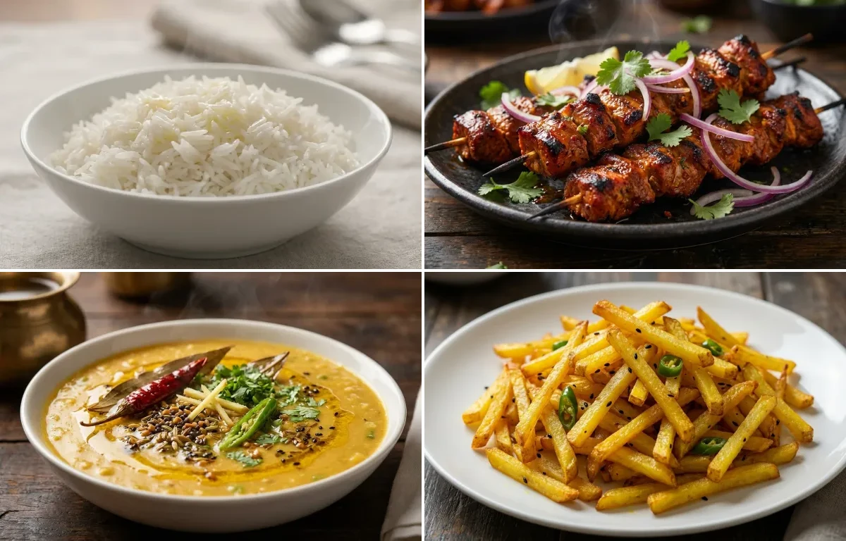 Steamed Basmati Rice with Pork Khorika, Matar Dal and Aloo Bhaja