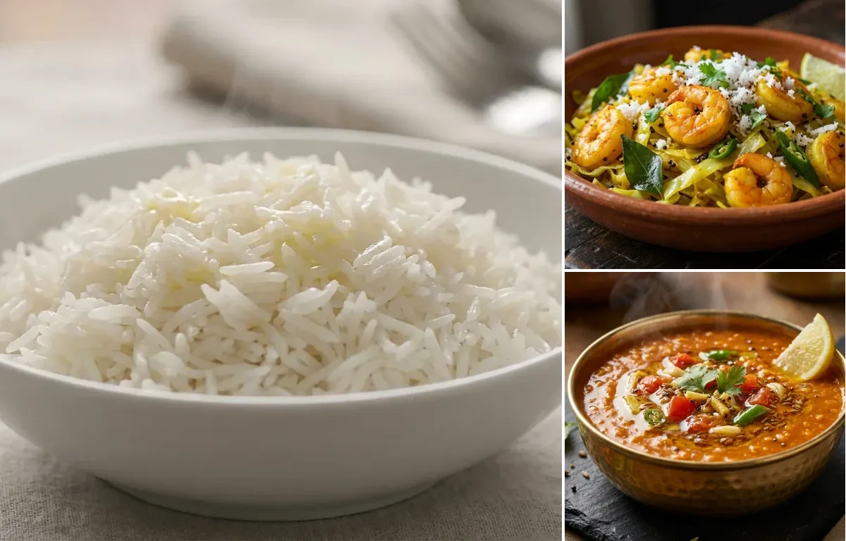 Steamed Basmati Rice with Prawn and Cabbage Stir-fry and Masoor Dal Tadka