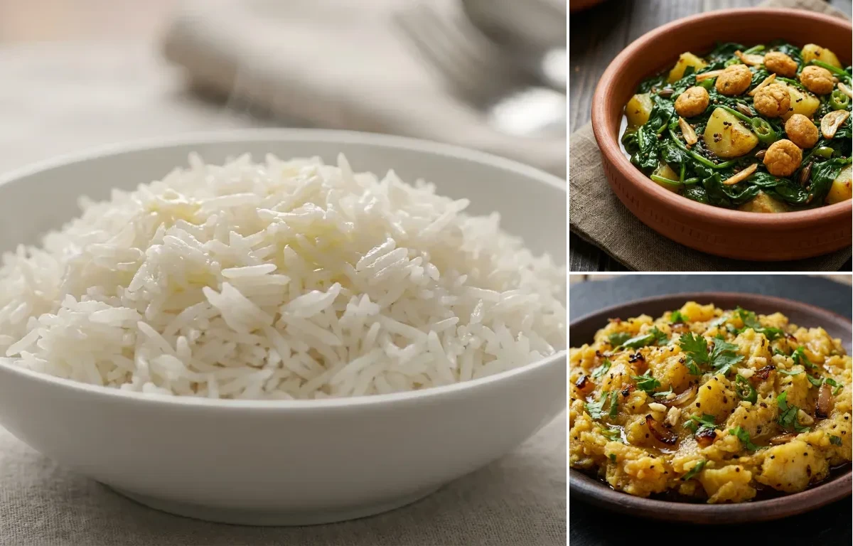 Steamed Basmati Rice with Saaga Rai and Aloo Poda