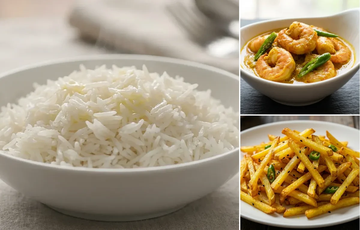 Steamed Basmati Rice with Shorshe Chingri Bhapa and Aloo Bhaja