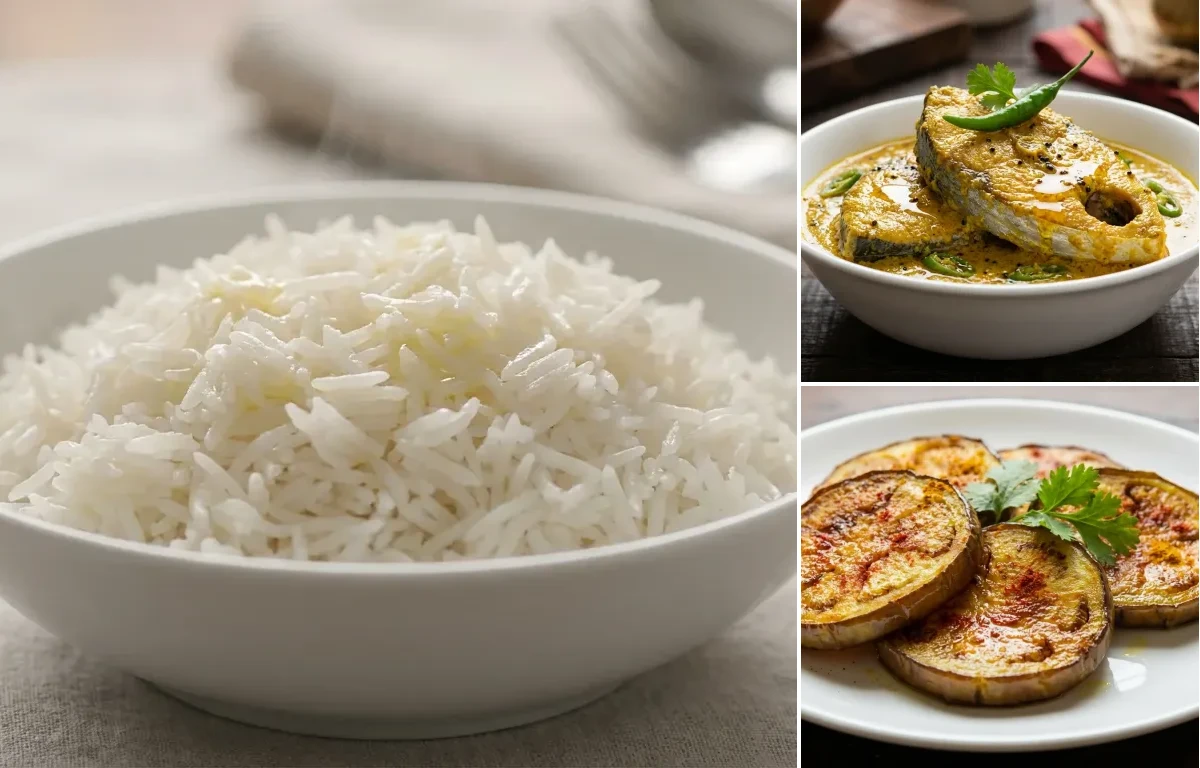 Steamed Basmati Rice with Shorshe Ilish and Begun Bhaja