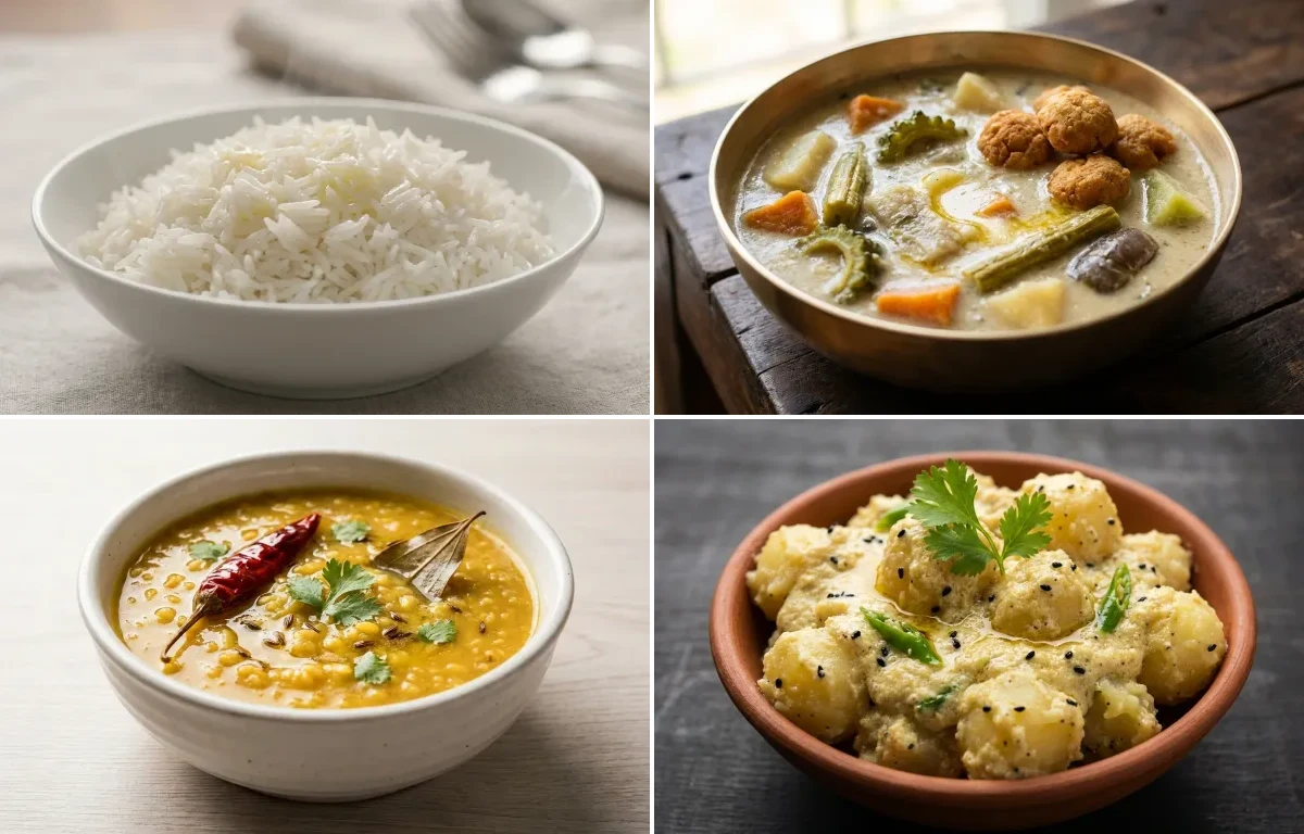 Steamed Basmati Rice with Shukto, Moong Dal, Aloo Posto and Tomato Chutney