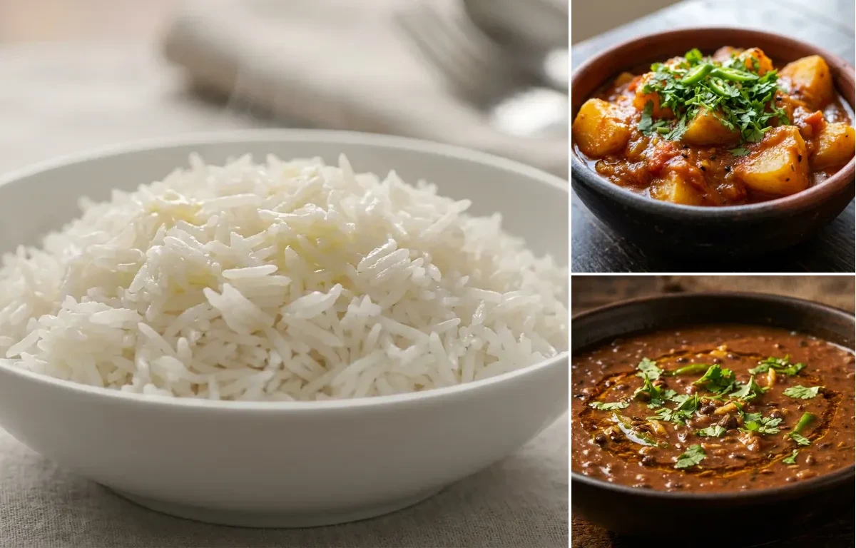 Steamed Basmati Rice with Sofita aru Alu'r Torkari and Mati Mahor Dal