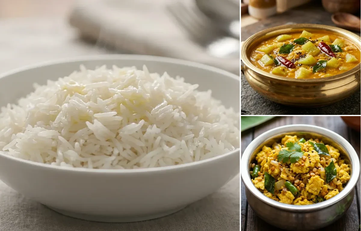 Steamed Basmati Rice with Southekayi Koddel and Egg Podimas