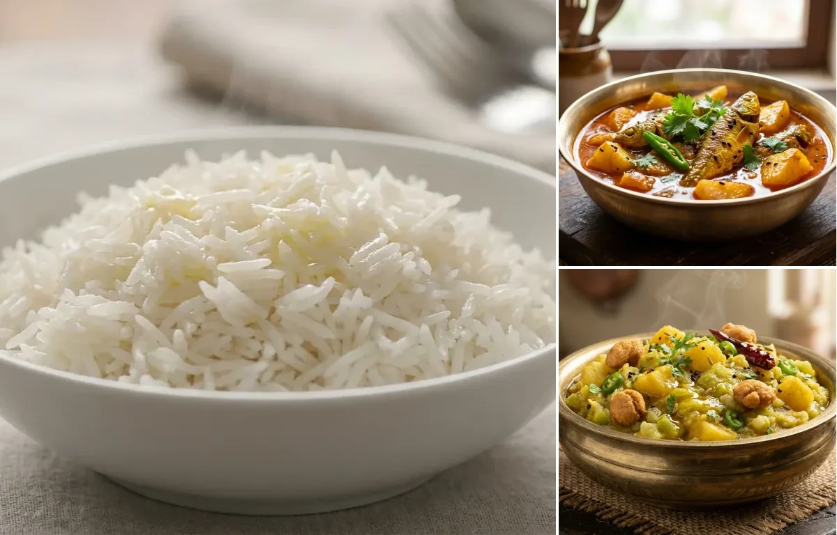 Steamed Basmati Rice with Tangra Macher Jhol and Lau Ghonto