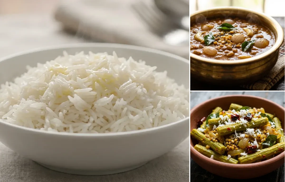 Steamed Basmati Rice with Tattapayer Kuzhambu and Murungakkai Poriyal