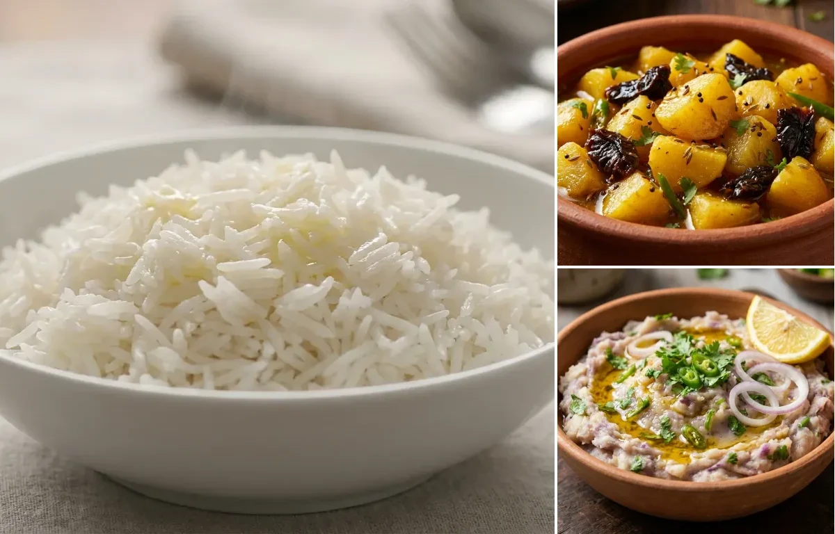 Steamed Basmati Rice with Thekera Tenga Aloo and Kosu Pitika