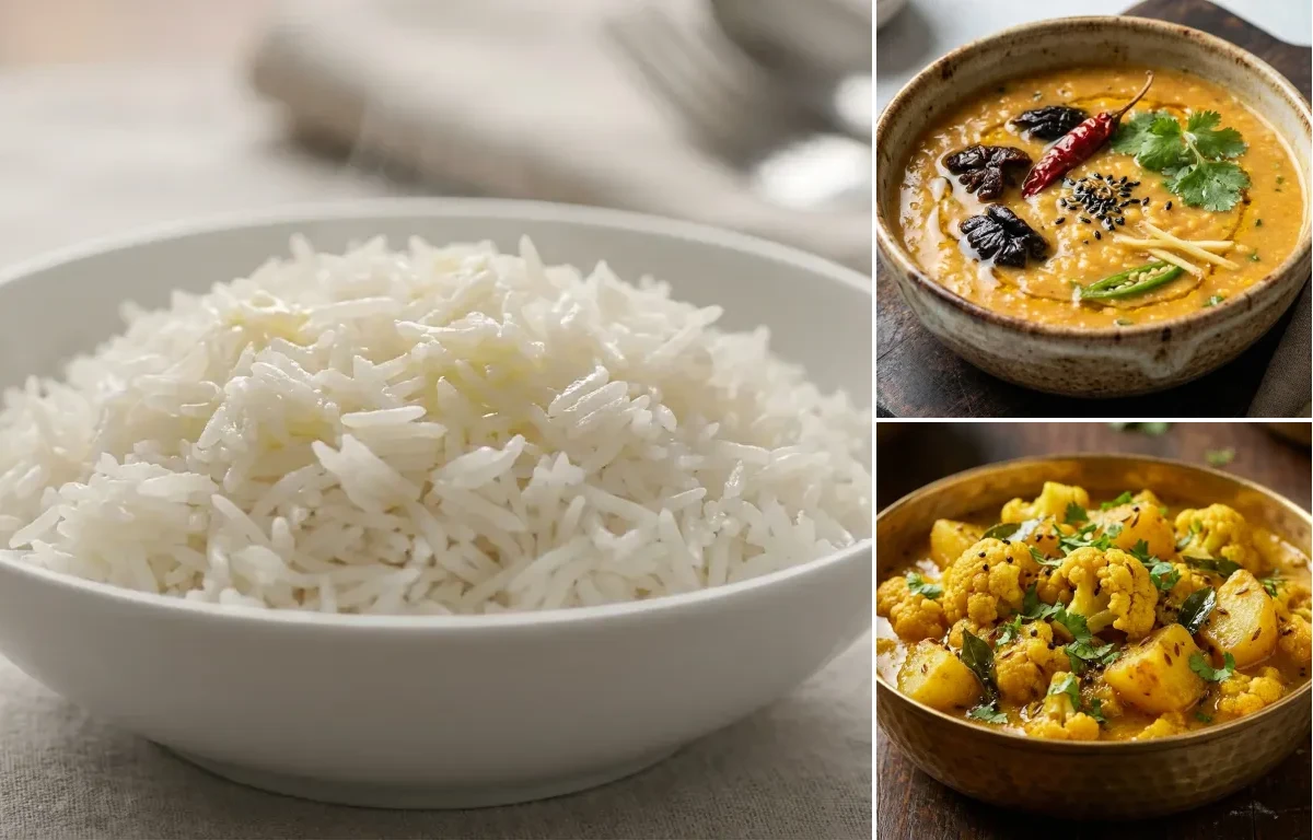 Steamed Basmati Rice with Thekera Tenga Dali and Ful Kobi Bhaji