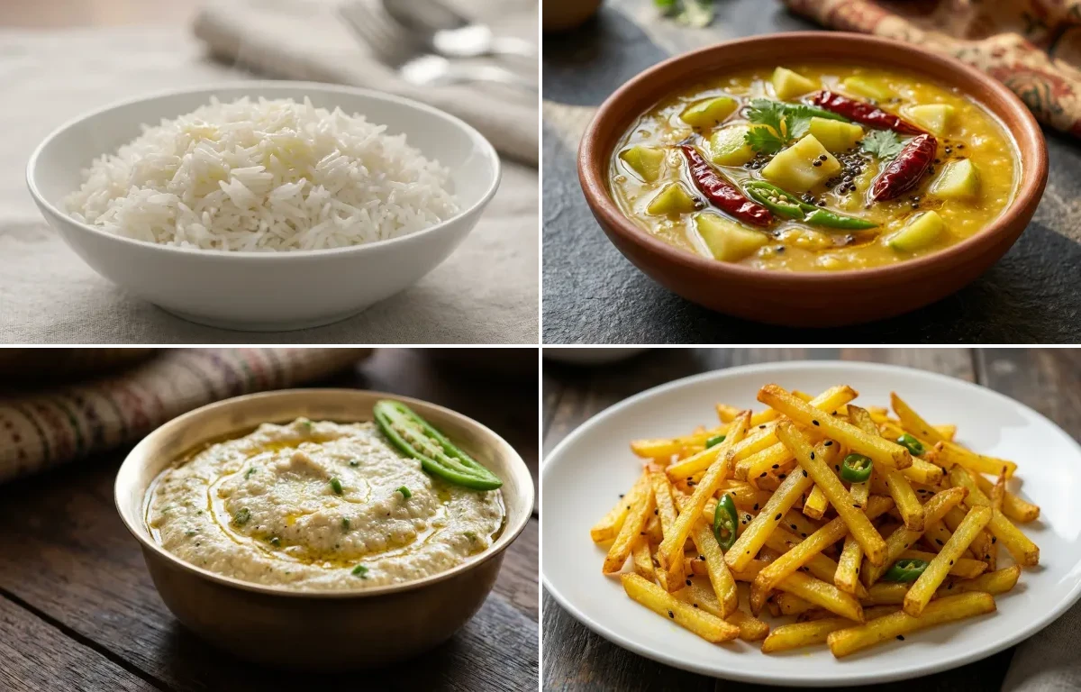 Steamed Basmati Rice with Tok Dal, Posto Bata and Aloo Bhaja