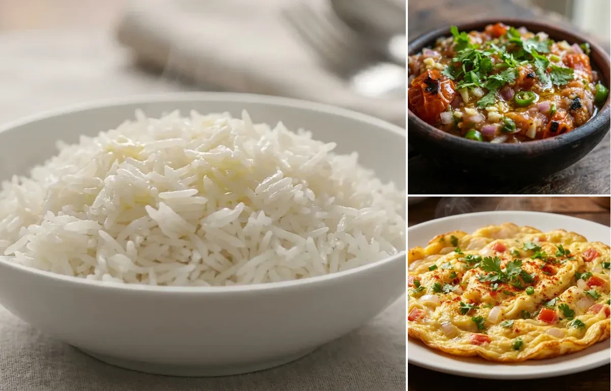 Steamed Basmati Rice with Tomato Chokha and Masala Omelette