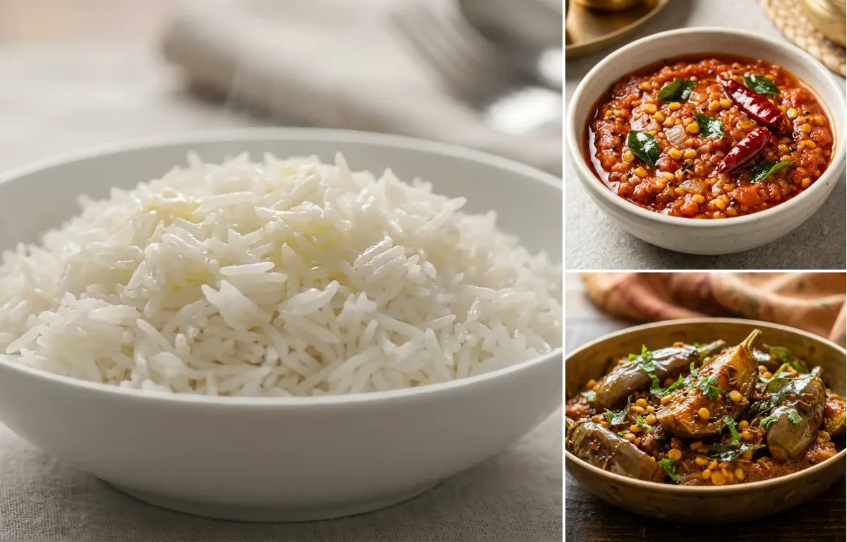 Steamed Basmati Rice with Tomato Pachadi and Andhra Vankaya Fry