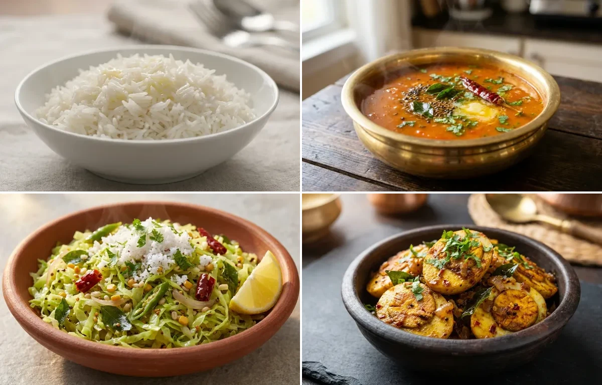 Steamed Basmati Rice with Tomato Saaru, Cabbage Palya and Egg Fry