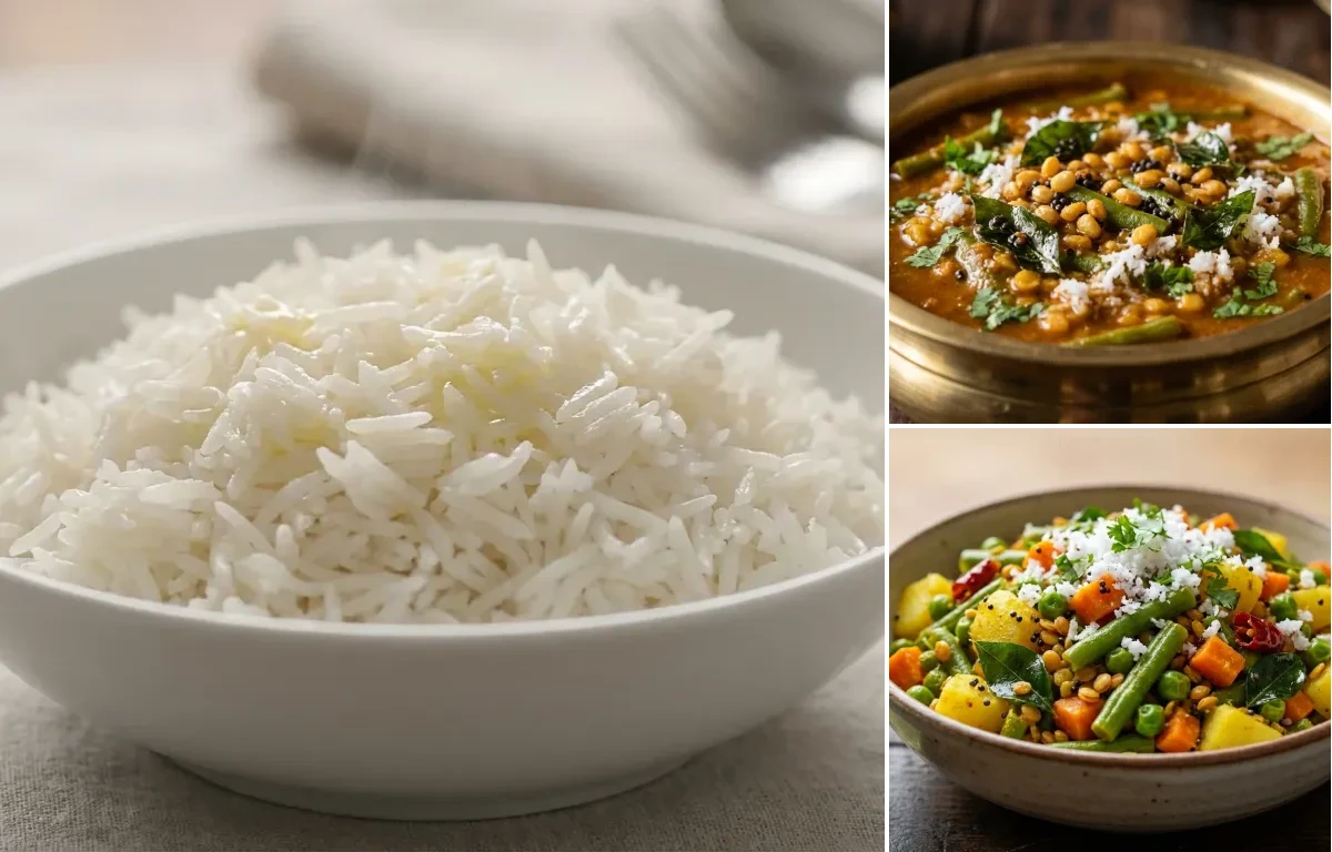 Steamed Basmati Rice with Udupi Bassaru and Vegetable Palya