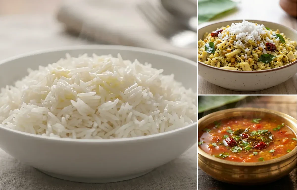 Steamed Basmati Rice with Vazhaipoo Poriyal and Tomato Rasam