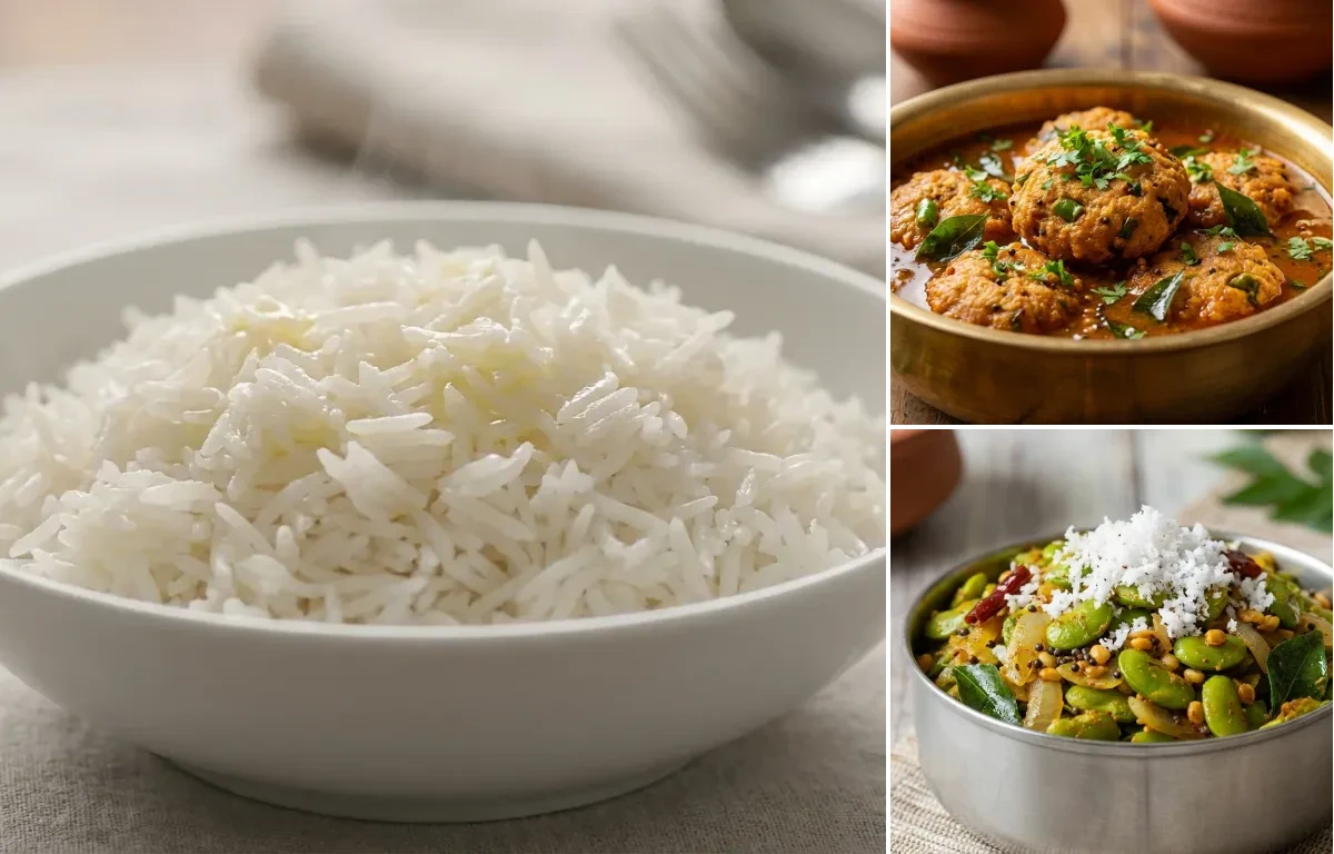 Steamed Basmati Rice with Vazhaipoo Vadai Kuzhambu and Avarakkai Poriyal