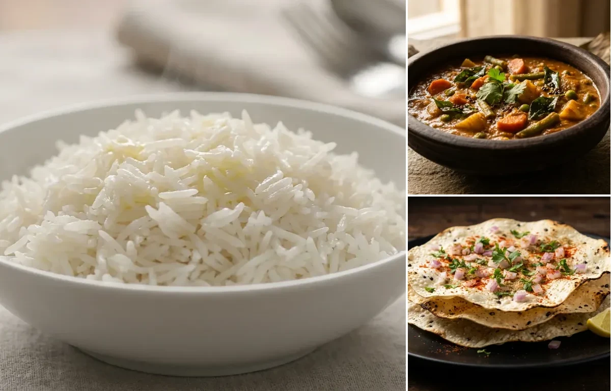 Steamed Basmati Rice with Vegetable Gassi and Urad Dal Papad