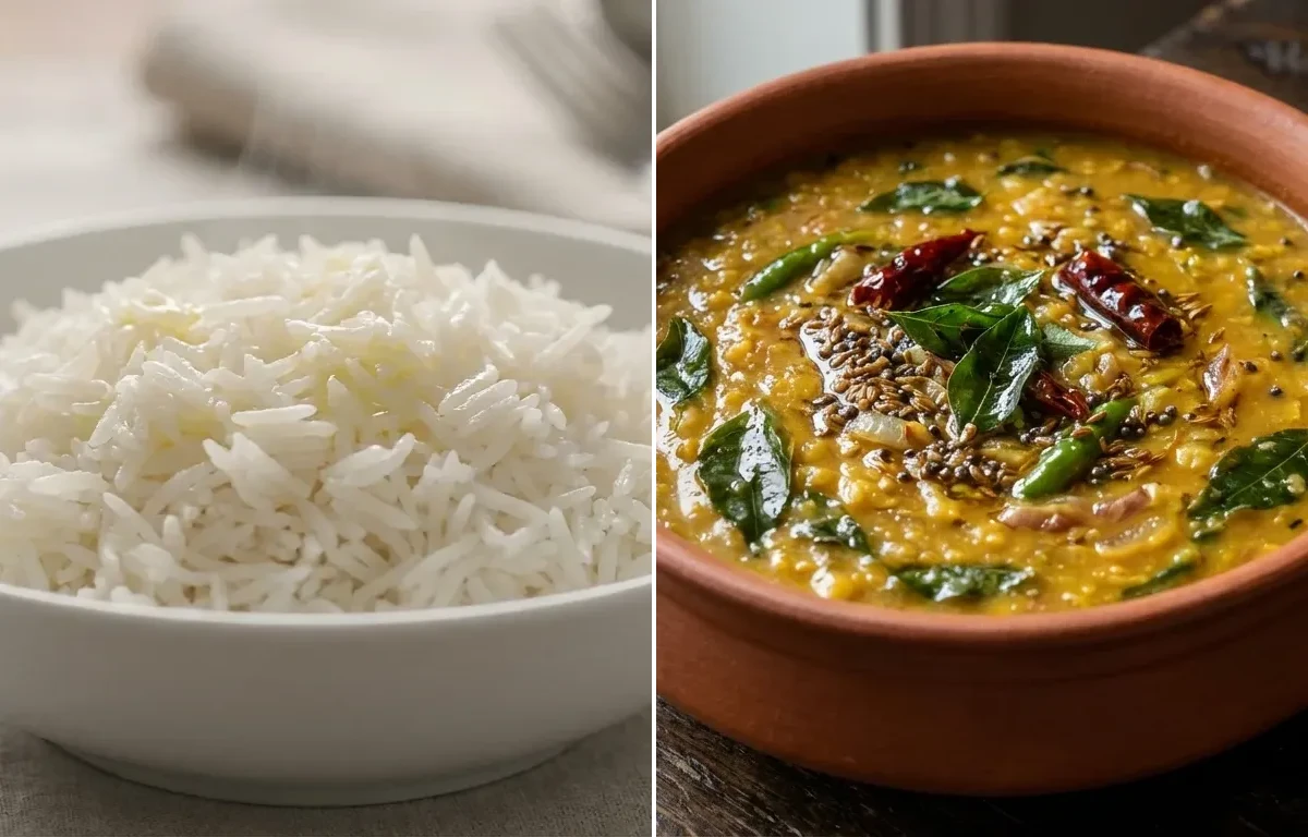Steamed Basmati Rice with Ambaday ki Bhaji Dal