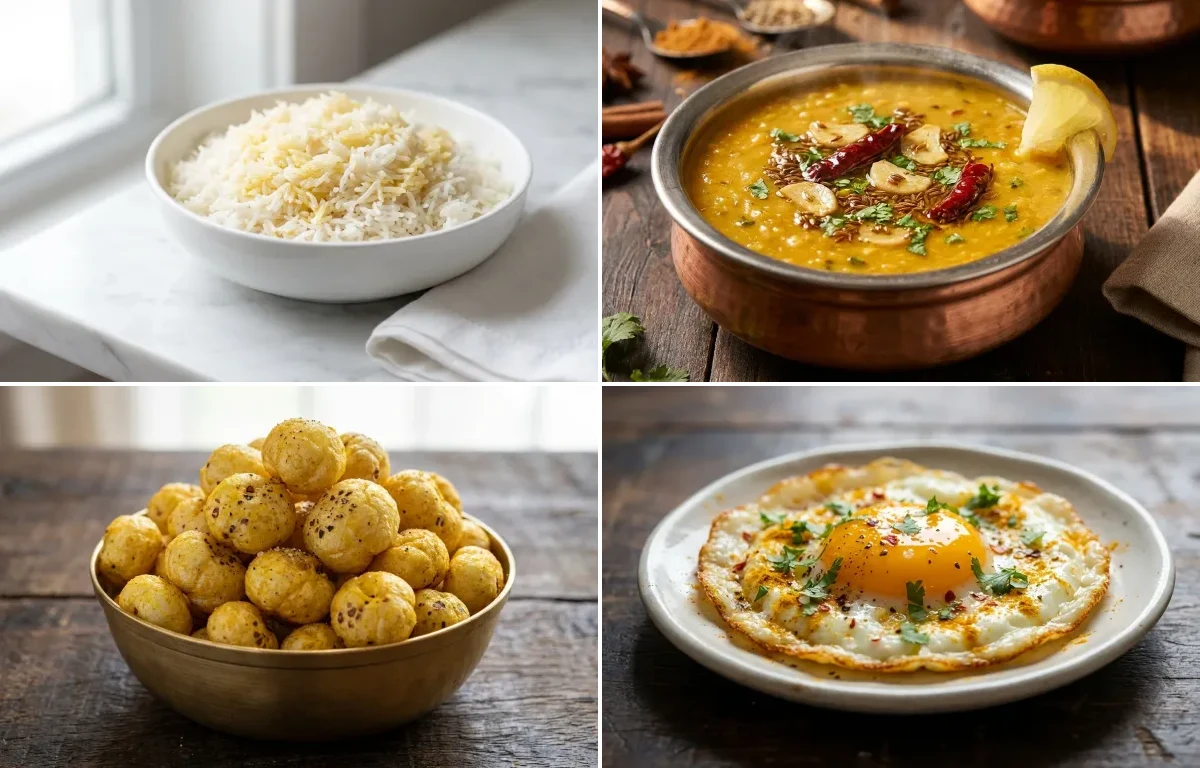 Steamed Basmati Rice with Dal Tadka, Roasted Makhana and Fried Egg