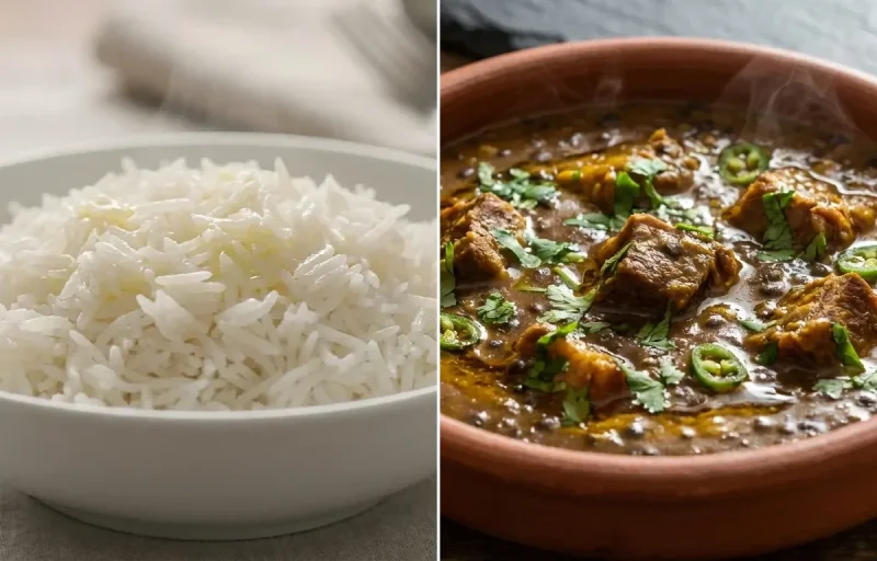 Steamed Basmati Rice with Mati Mahor Dal Gahori