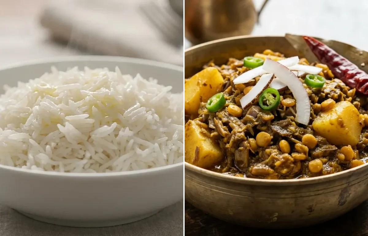 Steamed Basmati Rice with Mochar Ghonto