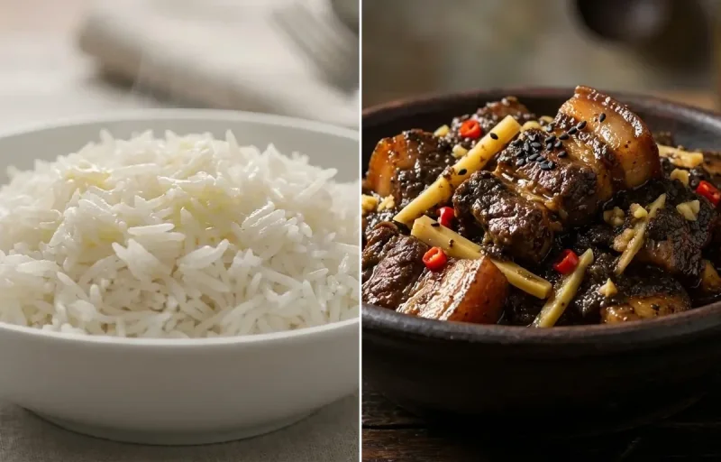 Steamed Basmati Rice with Naga Pork with Black Sesame