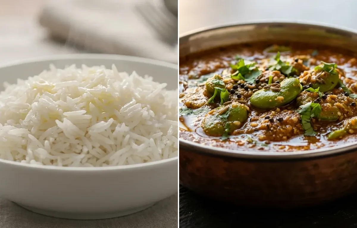 Steamed Basmati Rice with Sem ki Phalli ka Salan