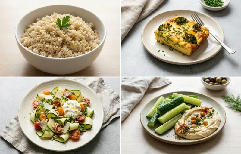 Steamed Steamed White Rice with Broccoli Cheddar Egg Bake, Zucchini Ribbon Salad and Cucumber Sticks Hummus