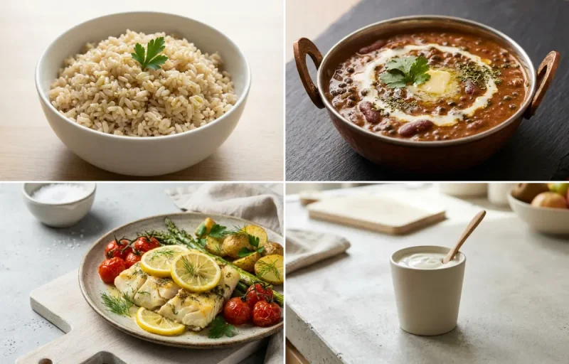 Steamed Steamed White Rice with Dal Makhani, Baked Cod With Lemon, Plain Yogurt Cup and No-Salt Lemon Cucumber Kachumber