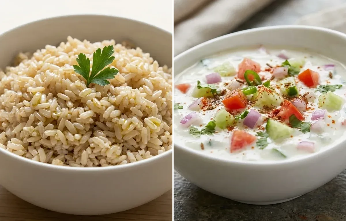Steamed Steamed White Rice with Egg Bhurji Main, Kachumber Raita and Carrot Cucumber Salad